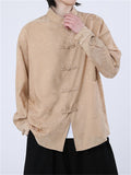 Chinese Style Loong Print Long Sleeve Linen Shirts for Men