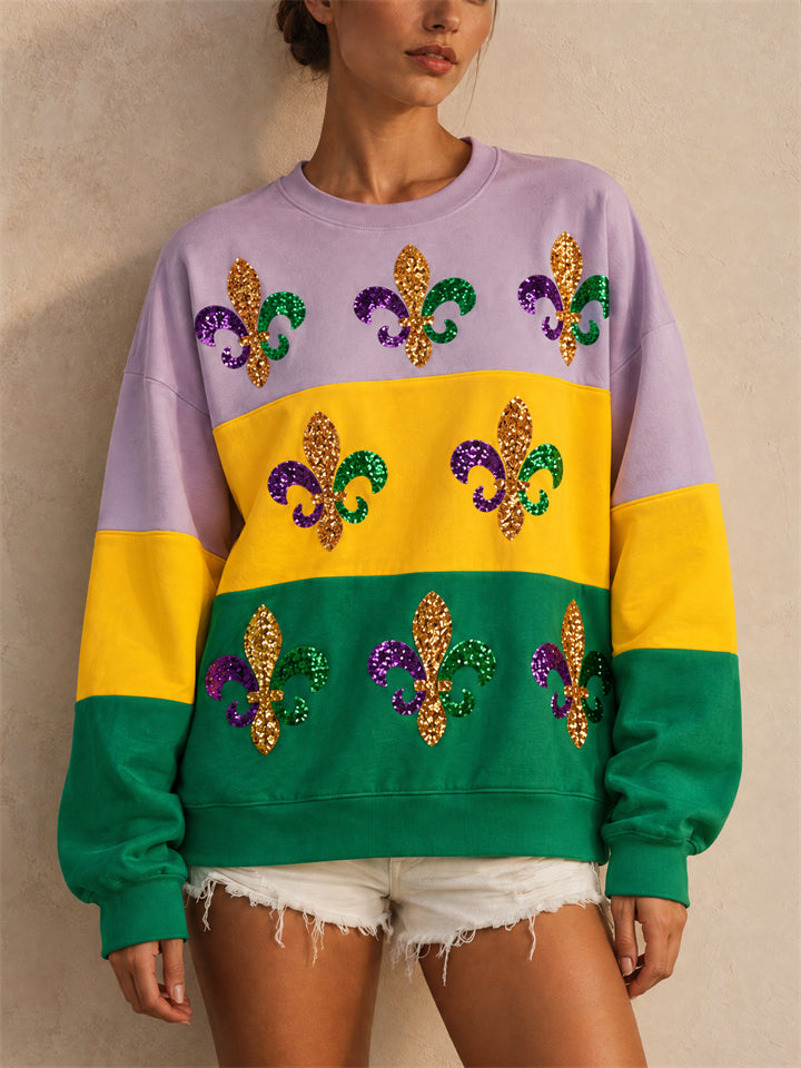 Women Mardi Gras Sweatshirt Sequin Fleur De Lis Letters Color Block Top