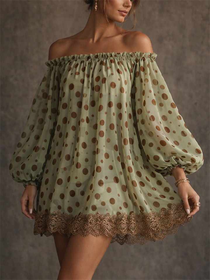 Women's Lantern Sleeve Polka Dot Off Shoulder Lace Trim Mini Dress