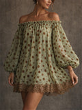 Women's Lantern Sleeve Polka Dot Off Shoulder Lace Trim Mini Dress