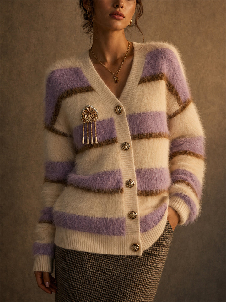 Women's Fuzzy Color Block Striped Mohair Knit Cardigan Sweater