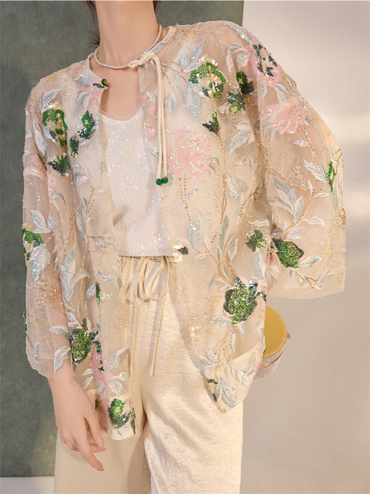 Women's Elegant Flower Sequined Semi-transparent Shirt