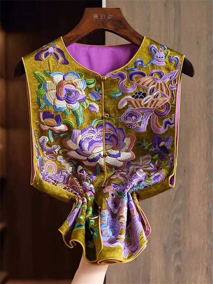 Women's Chinese Style Yellow Kirin and Flowers Embroidered Vest