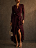 Women Long Sleeve Wrap High Low Ruffle Evening Dress