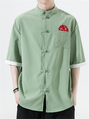 Chinese Style Embroidery Frog Button Half Sleeve Shirts
