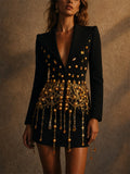 Women Black Beaded Blazer Dress with Faux Gold Crystal Pearl Fringe