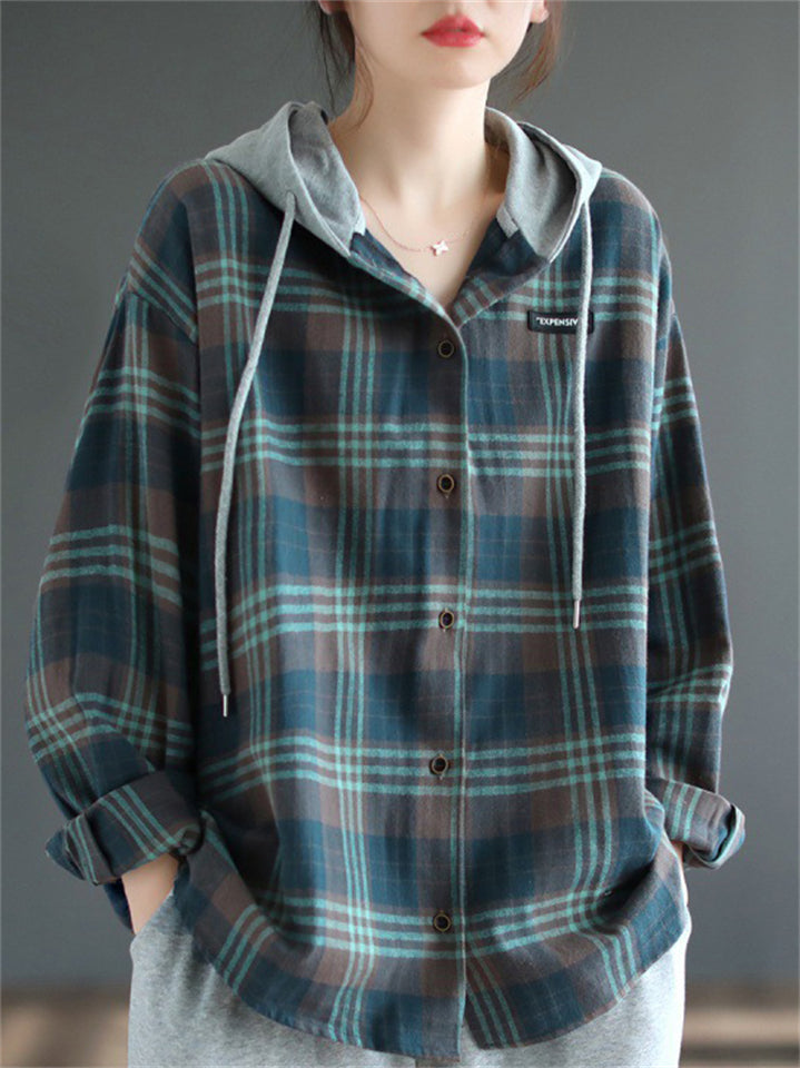 Women's Retro Plaid Contrast Color Long Sleeve Hooded Shirts