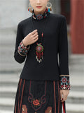 Ethnic High Neck Flower Embroidery Black Shirt for Women