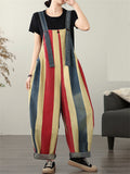 Women's Contrast Color Stripe Overall Denim Cropped Jumpsuits