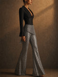 Women's Black Corset Blazer Silver Rhinestone Flare Pants Set