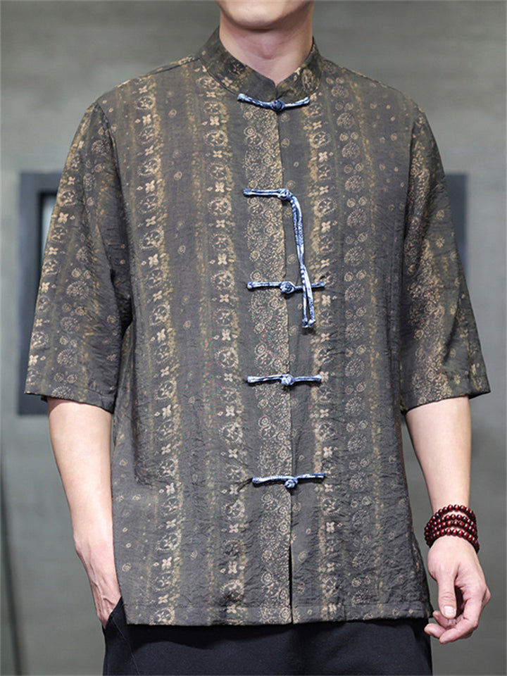 Men's Summer Retro Cotton Linen Print Short Sleeve Tang Suit Shirts