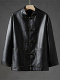 Men's Chinese Style Faux Leather Loose Fit Mandarin Collar Jackets