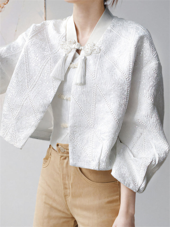 Women's Fashion White Jacquard Frog Button Jacket