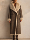 Women Faux Suede Reversible Long Winter Overcoat with Faux Fur Trim