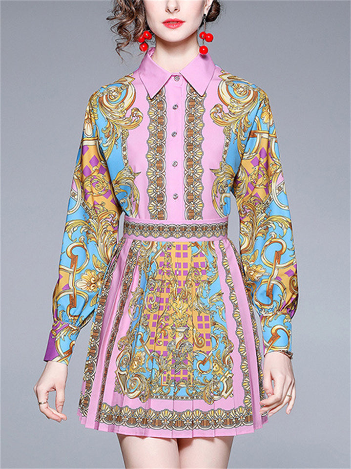 Women's 2Pcs Elegant Floral Print Lapel Shirt & Pleated Skirt Set