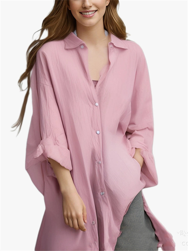 Women's Casual Solid Color 3/4 Sleeve Button Up Lapel Long Shirts