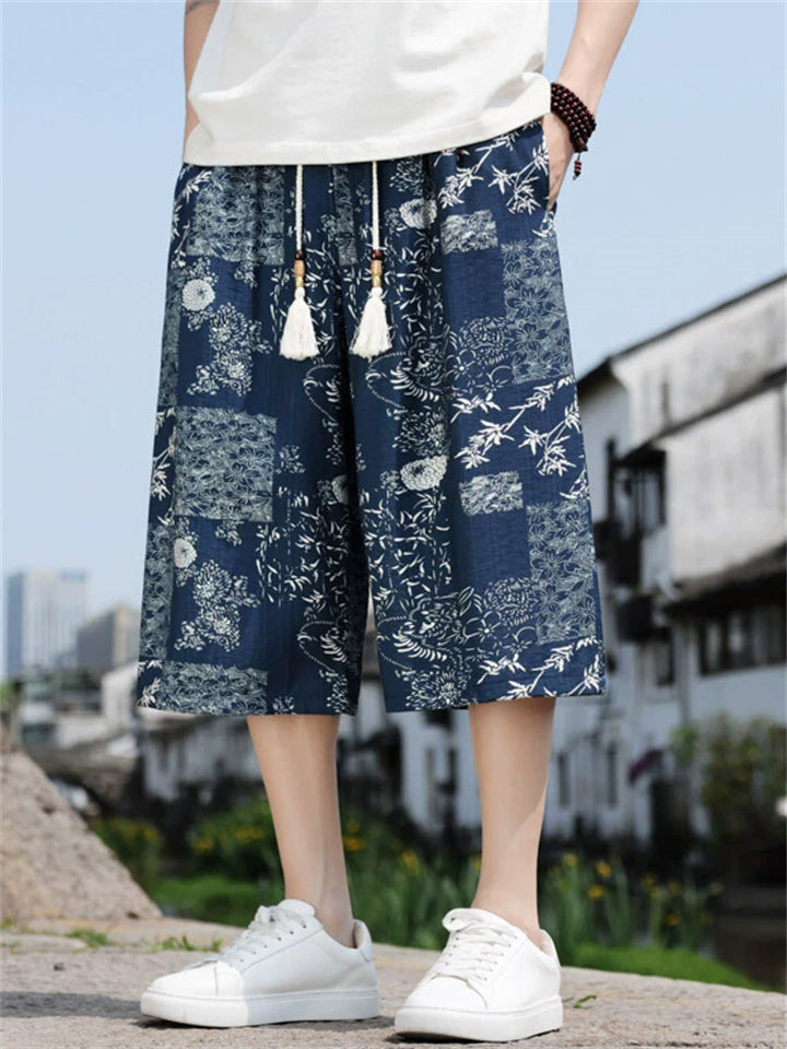Men's Chinese Style Ancient Aesthetic Patterns Cotton Blend Wide Leg Shorts