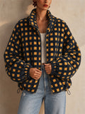 Women Casual Checkered Fleece Zip Up Oversized Teddy Jacket
