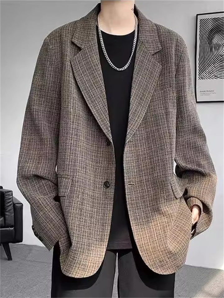 Men's Retro Loose Long Sleeve Single Breasted Plaid Suit Jacket
