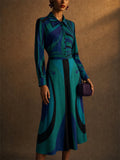 Women Teal Abstract Geometric Print Long Sleeve Shirt and Wide Leg Pants Set