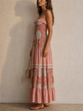 Women Floral Boho Smocked Spaghetti Strap Tiered Maxi Dress