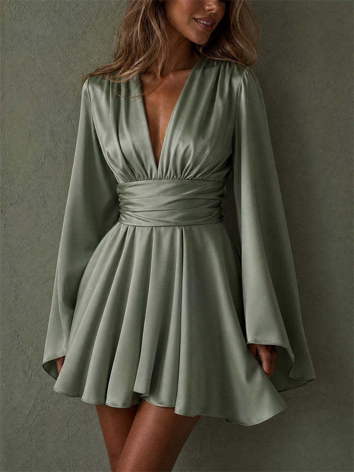 Women Sexy French Style Sage Green V Flare Sleeve Backless Mini Dress