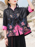 Women's Summer Contrast Color Ethnic Style Embroidered  Button Up Shirts