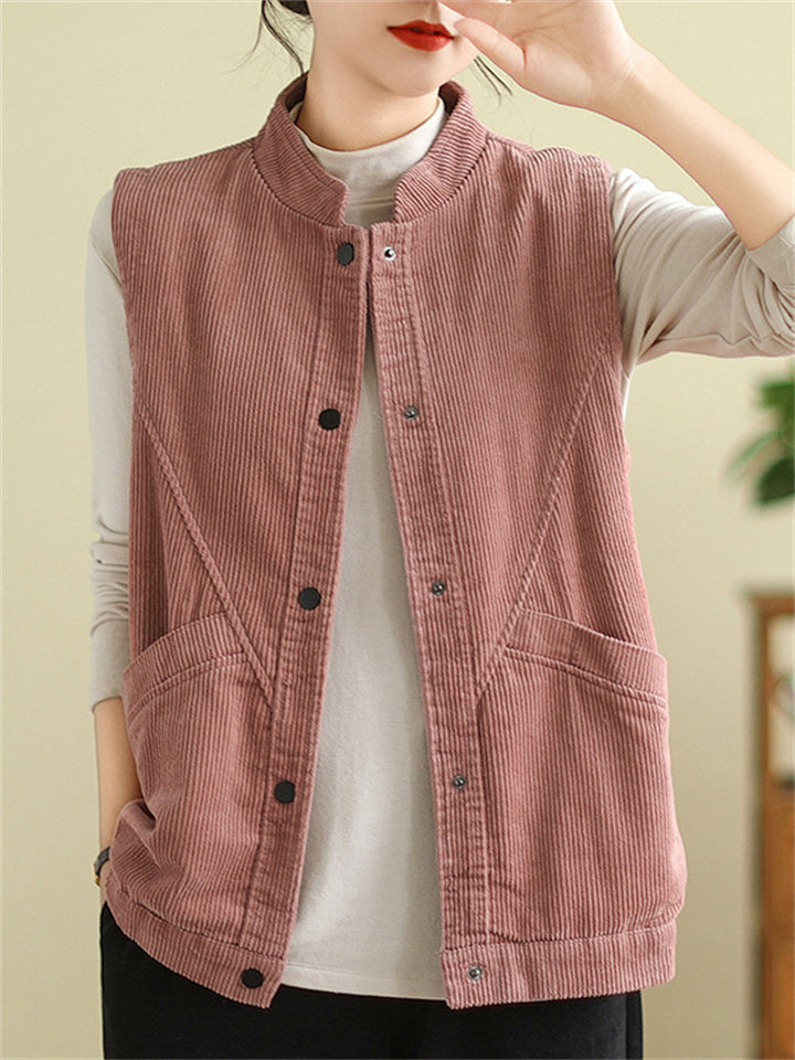 Women's Casual Solid Color Corduroy Sleeveless Jacket
