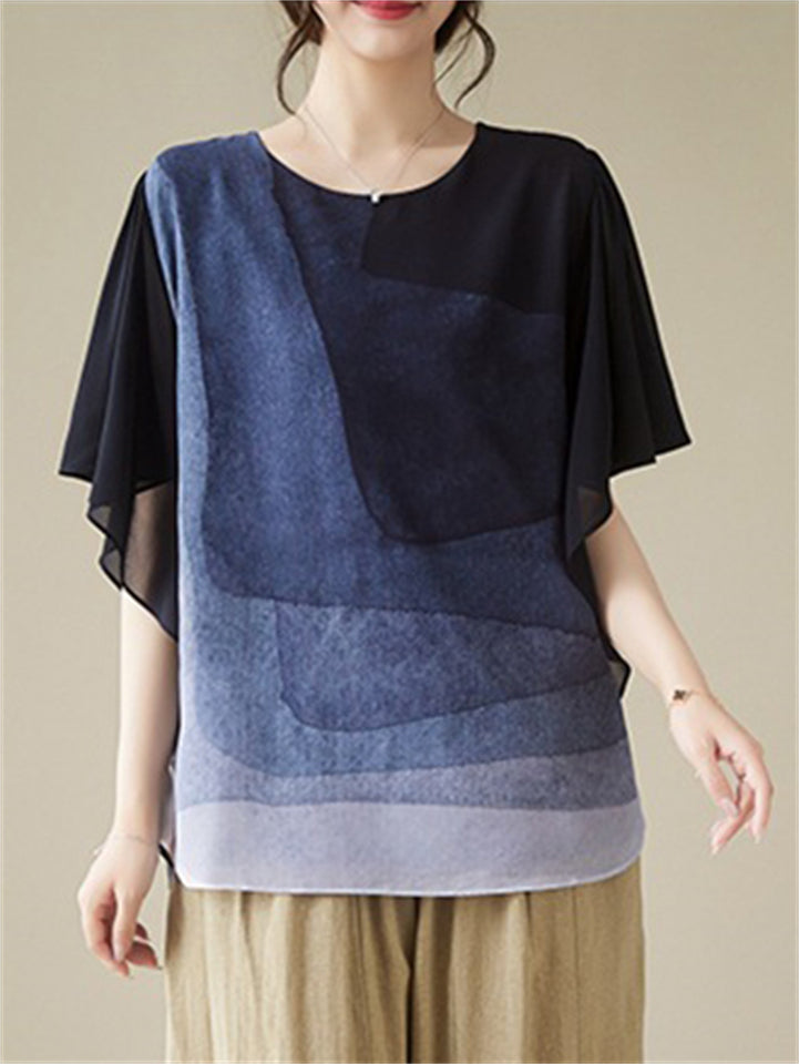 Summer Casual Women's Contrast Color Round Neck Short Sleeve Shirts