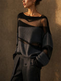 Womens Grunge Style Striped Sheer Mesh Knit Long Sleeve Sweater