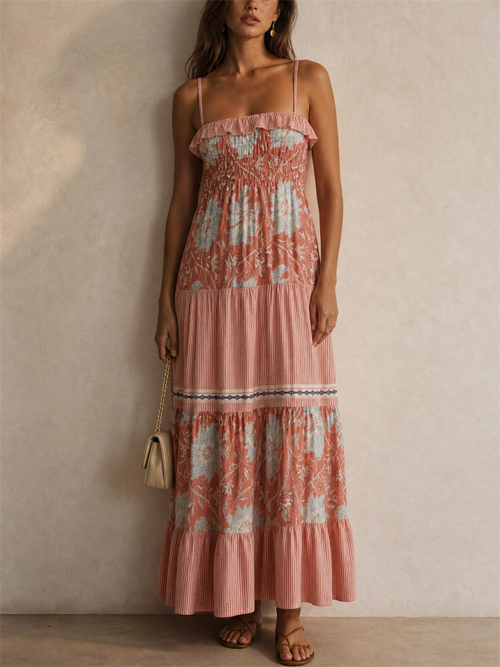 Women Floral Boho Smocked Spaghetti Strap Tiered Maxi Dress
