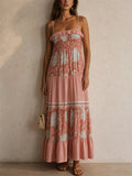 Women Floral Boho Smocked Spaghetti Strap Tiered Maxi Dress