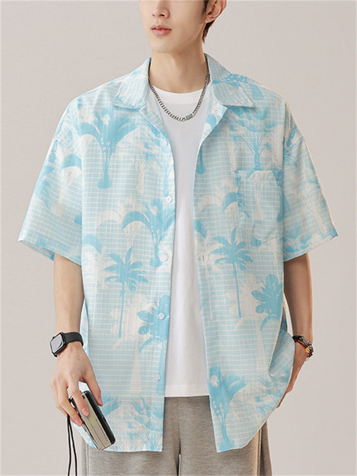 Men's Holiday Style Blue Coconut Tree Print Lapel Beach Shirt