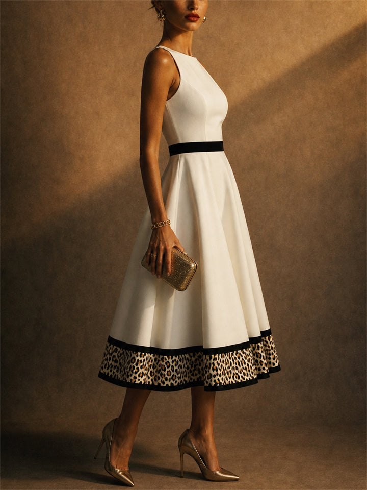 Women White Sleeveless A Line Midi Elegant Leopard Hem Dress