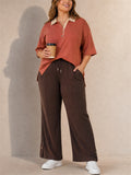 Women Plus Size Contrast Collar Polo Shirt Wide Leg Pants Set