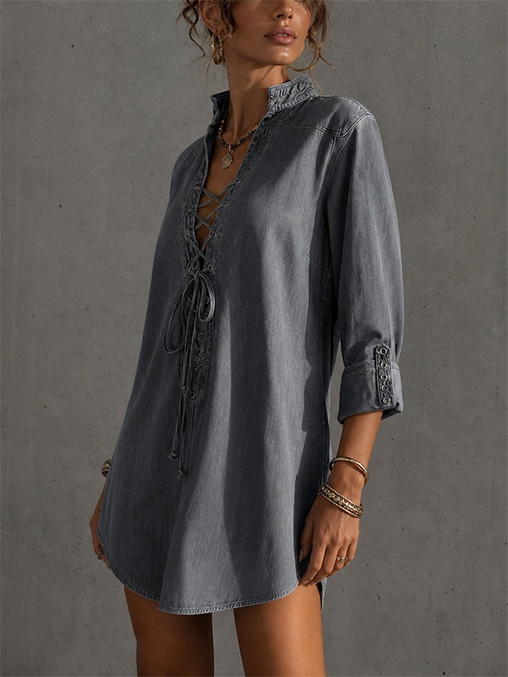 Women's Grey Denim Lace Up V Neck Casual Mini Shift Dress