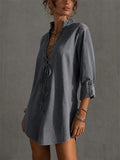 Women's Grey Denim Lace Up V Neck Casual Mini Shift Dress