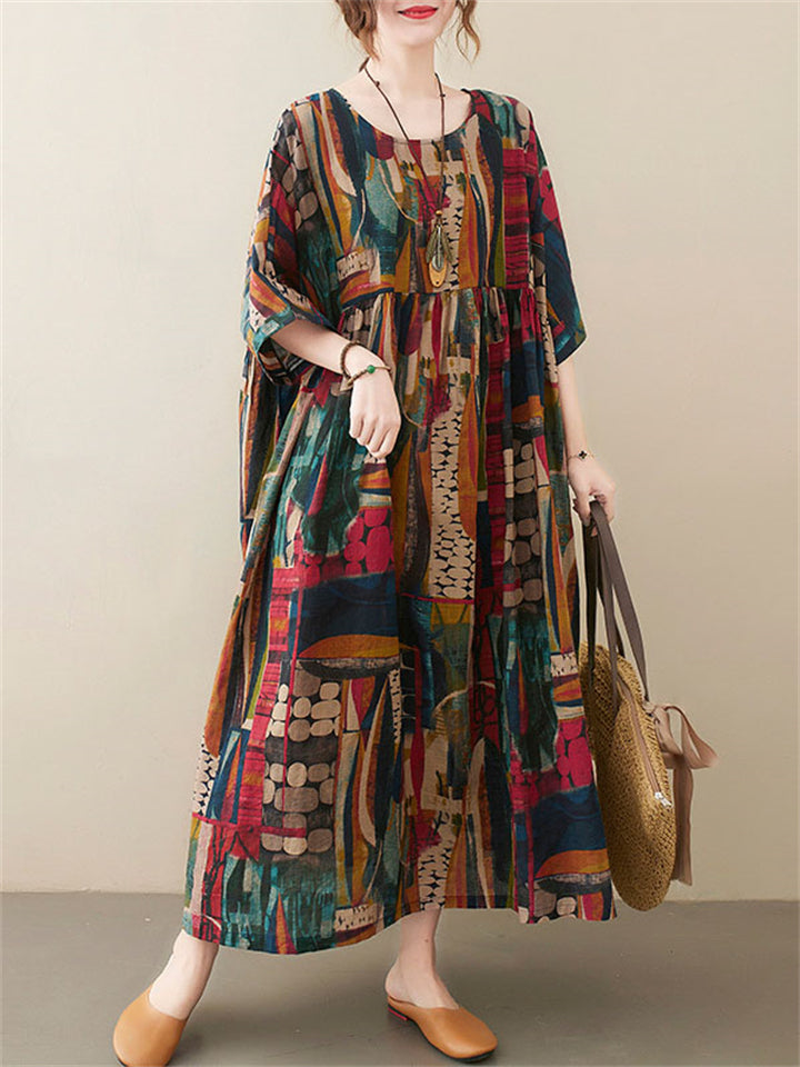 Plus Size Round Neck Abstract Print Oversized Dress for Women
