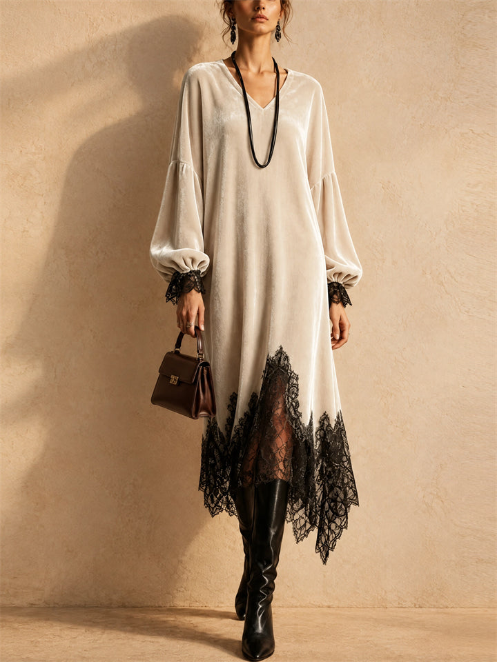 Women Velvet V Neck Lace Trim Long Sleeve Loose Fit Midi Dress