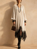 Women Velvet V Neck Lace Trim Long Sleeve Loose Fit Midi Dress