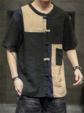 Men's Chinese Style Contrast Color Pockets Round Neck Shirts