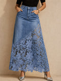 Women High Waist Floral Lace Patchwork Denim Maxi Skirt