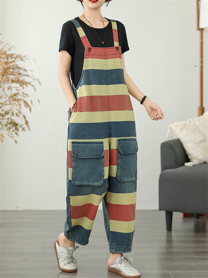 Women's Contrast Color Overall Denim Cropped Jumpsuits