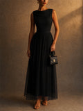 Women Cowl Neck Tulle Sleeveless Midi Gown Dress