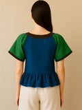 Contrast Color Plaid Patchwork Tie-Neck Lantern Sleeve Shirts