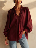 Womens Ruffle Neck V Neck Puff Long Sleeve Boho Blouse