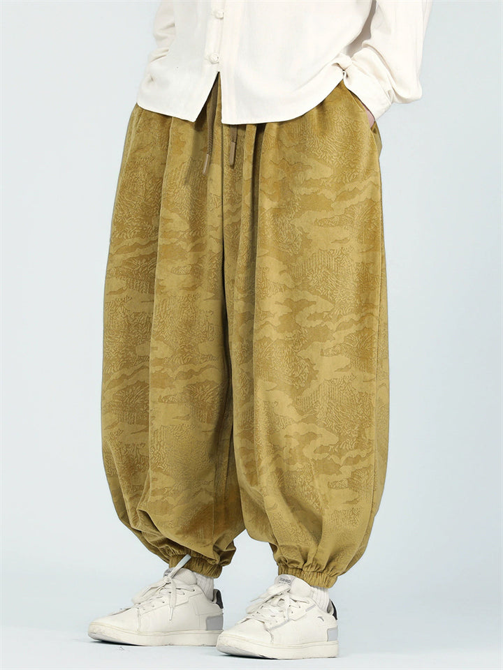 Male's Chinese Style Retro Solid Color Jacquard Wide Leg Bloomers Pants