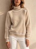 Women Turtleneck Knit Contrast Trim Long Sleeve Pullover Sweater