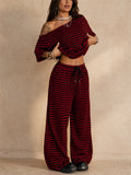 Womens Two Piece Striped Off Shoulder Top and Wide Leg Pants Set