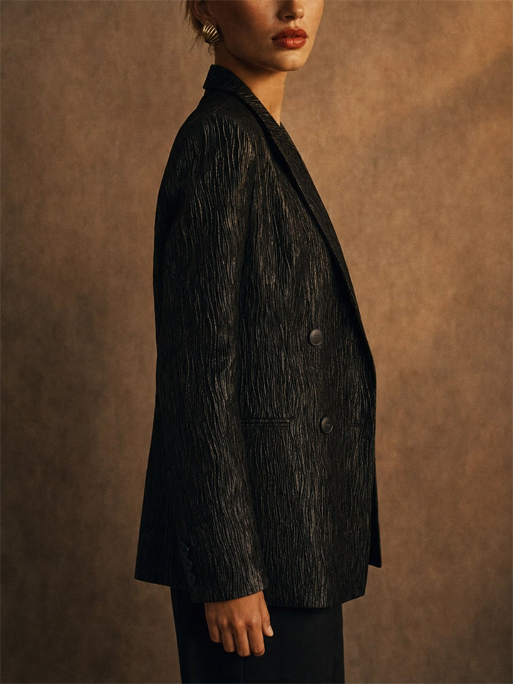 Women Black Crinkle Textured Double Breasted Blazer Jacket